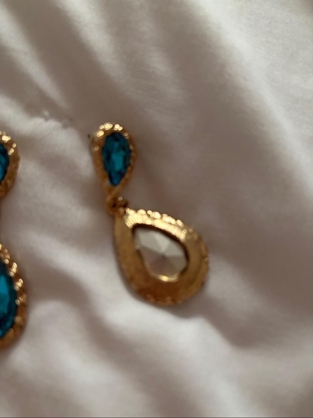Gold Teardrop Blue Crystal Dangle Earrings - Picture 2 of 2